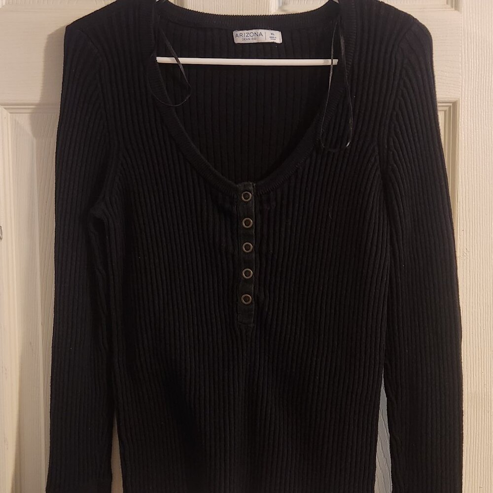 Arizona Jean Co. Black Ribbed Henley Long Sleeve Top - Size XL